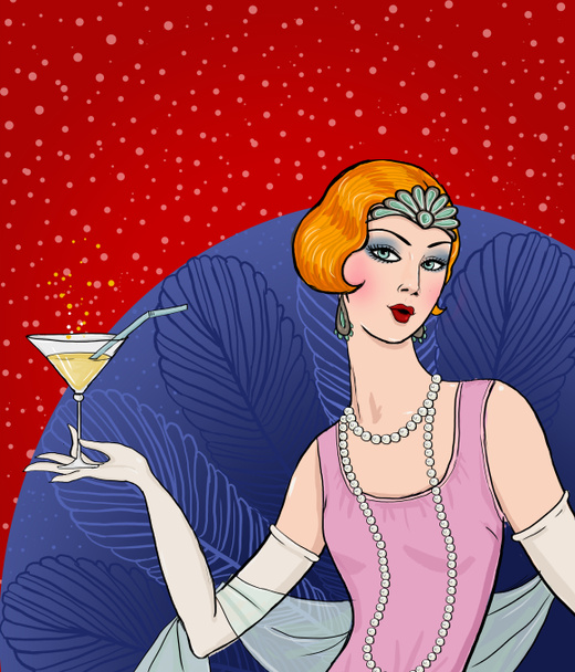 Flapper menina: Retro festa convite design.Art deco mulheres com vidro
. - Foto, Imagem