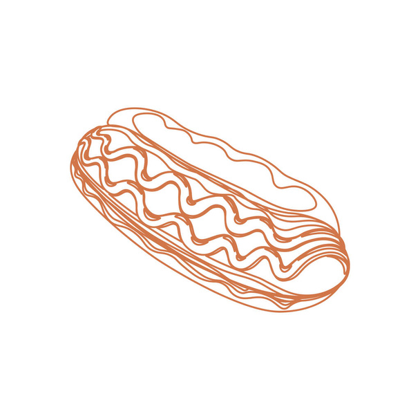 Hot dog con jugosa salchicha de res, sazonada con excelente salsa de tomate y mayonesa, comida rápida, cocina, aislada, vector, ilustración, fondo blanco de arte de línea, salchicha, cocina - Vector, imagen