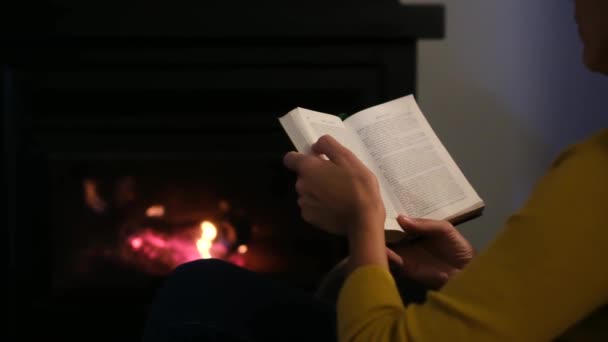 Kobieta czytanie książki kominku - Materiał filmowy, wideo