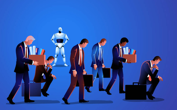 Ilustração retratando a ameaça iminente de IA, encarnada por um robô ultrapassando os papéis humanos no trabalho. Representação da evolução da automatização e do seu impacto potencial no emprego - Vetor, Imagem