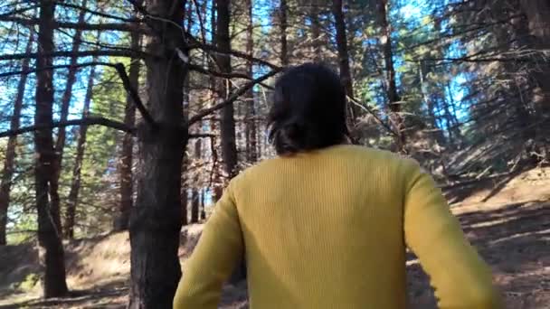 žena turistka na stezce v lese, příroda - Záběry, video