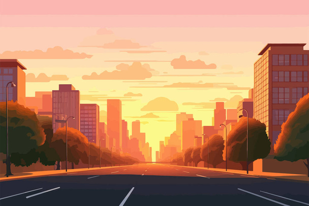 Miejska ulica o zachodzie słońca w lecie. Panorama miasta. Ilustracja wektora. - Wektor, obraz