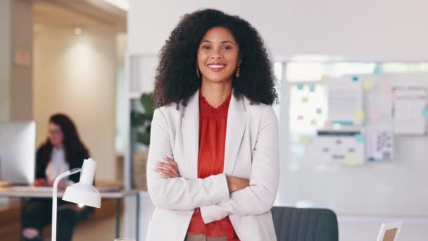 Gestionnaire des ressources humaines confiant à la recherche motivé et ambitieux pour le succès. Portrait d'une femme d'affaires noire les bras croisés, souriant et se sentant positive tout en travaillant dans un bureau. - Séquence, vidéo