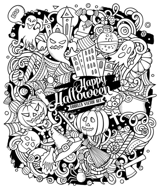 Dibujos animados raster garabatos Feliz Halloween ilustración. Incompleto, detallado, con muchos objetos de fondo. Todos los objetos  - Foto, imagen