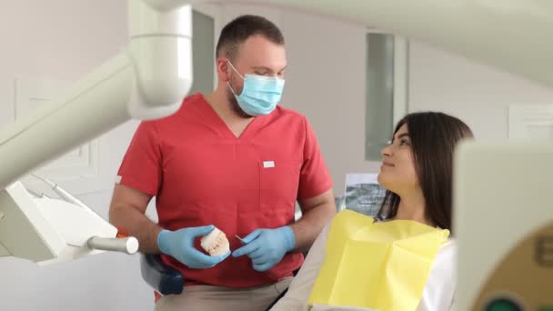 Un dentista explica la higiene dental adecuada a un paciente que sostiene una muestra de mandíbula humana con un cepillo de dientes. Un dentista le muestra al paciente un modelo cerámico de dientes y le explica sobre el trabajo. - Imágenes, Vídeo