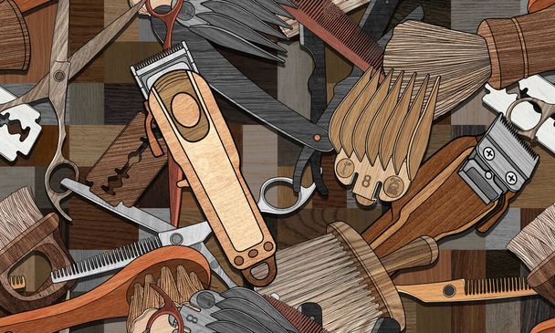 Bezešvé holičské nástroje vzor ilustrační dřevo texturované pozadí design. - Fotografie, Obrázek