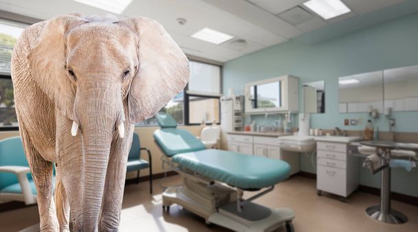 Consultorio Médico Sala de Exámenes en un Hospital con Elefante en la Habitación.. - Foto, imagen