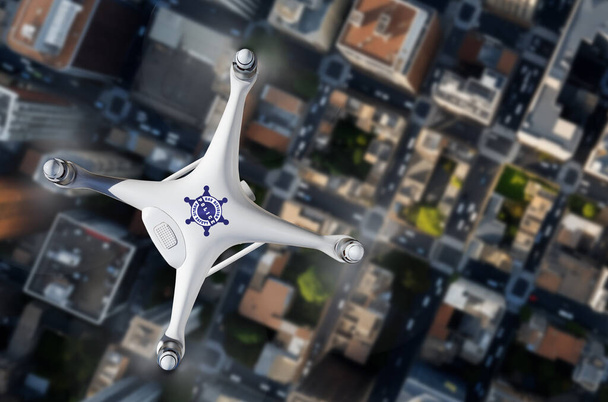 Draufsicht auf eine Drohne der Polizei zur Strafverfolgung im Flug über Straßen und Gebäude in der Stadt. - Foto, Bild