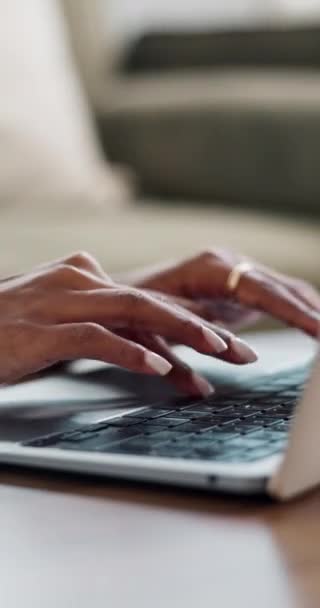 Closeup, business and hands with woman, typing and laptop with internet, planning and keyboard. Person, employee and consultant with a pc, analytics and blog with website information and research. - Materiał filmowy, wideo