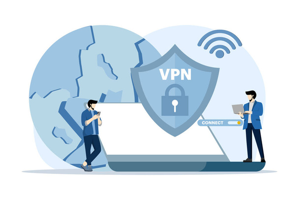 Koncepcja wirtualnej sieci prywatnej. Ludzie korzystają z systemu technologii VPN do ochrony swoich danych osobowych na smartfonach, system technologii vpn, przeglądarki odblokować strony internetowe, łącze internetowe. - Wektor, obraz