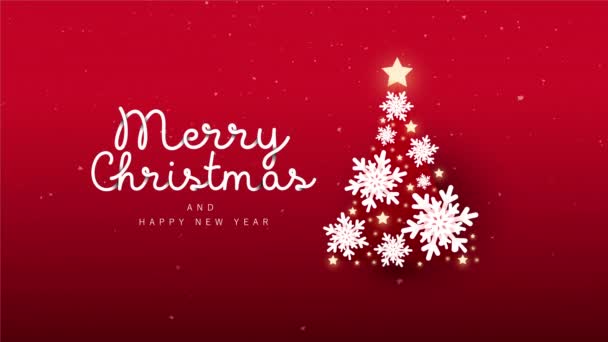 Árbol de Navidad decorado con copos de nieve y luces bokeh estrellas sobre fondo rojo. Feliz Navidad y Año Nuevo. Imágenes de alta calidad 4k - Metraje, vídeo