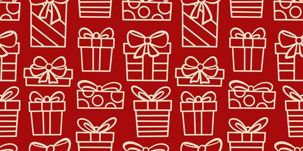 Kırmızı Noel mevcut vektör motifi arka planı, hediye kutusu pürüzsüz tekrar duvar kağıdı veya tekstil baskısı, el çizimi sanat öğeleriyle basit tatil arkaplanı. - Vektör, Görsel