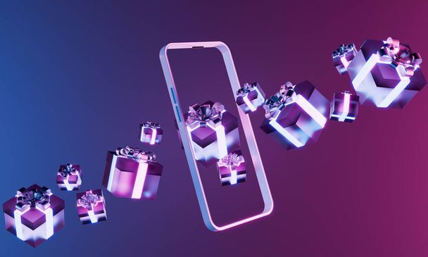Um ein zentrales Smartphone herum schweben Geschenkboxen mit Neonbändern, die die Essenz des digitalen Geschenks und Online-Deals wie den Cyber Monday einfangen. 3D-Rendering. - Foto, Bild