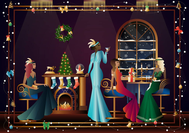Well dressed people near a decorated fireplace with friends on New Year s Eve in a luxury restaurant or at home. Concept for holiday, winter holidays, New Year, Christmas - Vector, Image