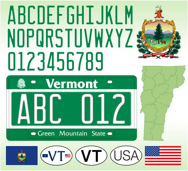 Patrón de matrícula de coche Vermont, letras, números y símbolos, ilustración vectorial, EE.UU. - Vector, Imagen