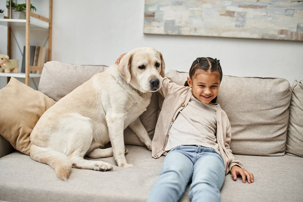 chica feliz sentado en cómodo sofá con labrador lindo en la sala de estar moderna, compañero de animales - Foto, Imagen