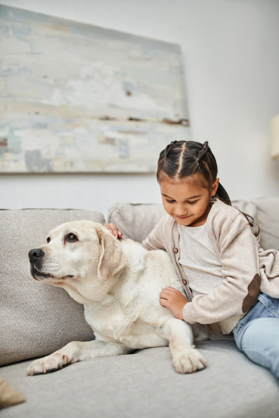 gioiosa ragazza seduta sul divano e coccole carino labrador in soggiorno moderno, compagno di animali - Foto, immagini