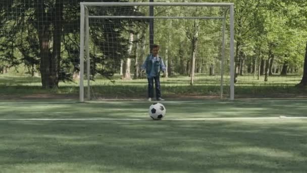 Pełna długość strzał z małym azjatyckim chłopiec strzelił gola podczas gry z Afroamerykańskim przyjacielem na zewnątrz pola w parku - Materiał filmowy, wideo