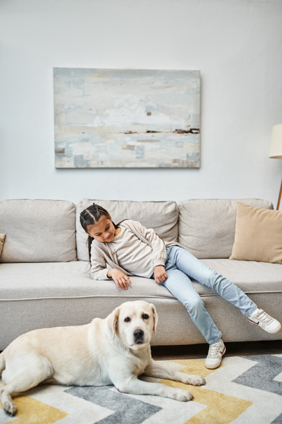 cute girl smiling and sitting on sofa while looking at labrador in modern living room, kid and dog - Foto, Imagen