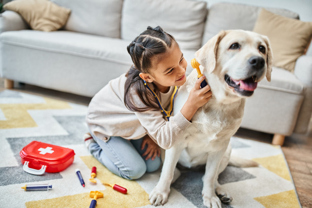 cute girl in casual attire playing doctor with labrador in modern living room, toy first aid kit - Photo, Image