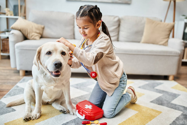 bambina carina in abbigliamento casual giocare medico con labrador in soggiorno moderno, stetoscopio - Foto, immagini