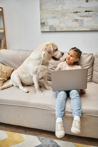 милый ребенок младшего возраста сидит на диване и с помощью ноутбука рядом с лабрадором собака в современной гостиной - Фото, изображение