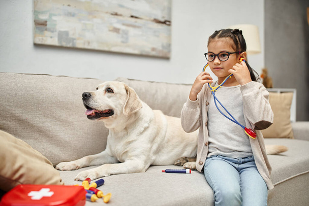 happy kid in casual wear and eyeglasses playing doctor with labrador dog on sofa in living room - Photo, Image