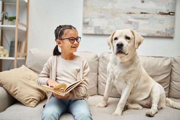 joyful girl in casual wear and eyeglasses reading book near labrador dog on sofa in living room - Photo, Image