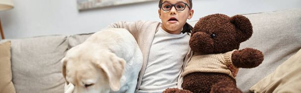 scared girl in eyeglasses holding teddy bear and sitting with labrador while watching movie, banner - Photo, Image