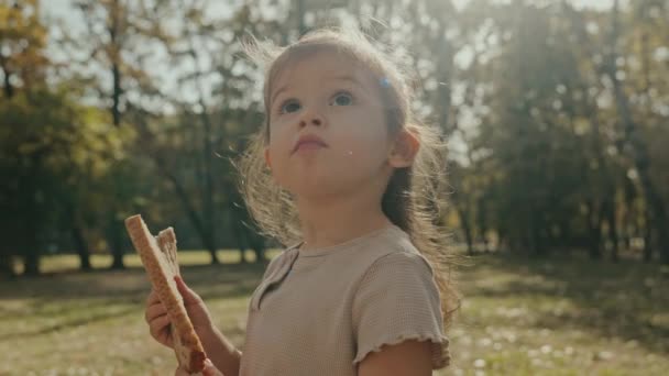 Elinde bir dilim ekmek olan beyaz bir kız, sonbahar parkında yürüyüş yaparken eğleniyor. Mutlu çocukluk özgürlüğü kavramı. - Video, Çekim