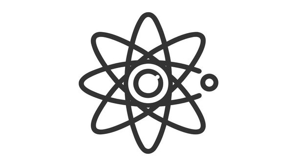 Stilizált fekete atom ikon keringő elektronokkal, amely egy központi magot mutat be tudományos egyszerűséggel fehér alapon. - Vektor, kép
