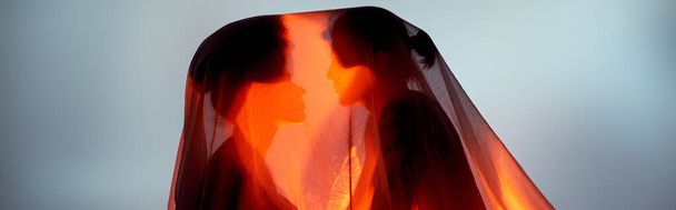 ποικίλο ζευγάρι που καλύπτεται με σεντόνι που περιβάλλεται από φως σε γκρι φόντο, ομαδικότητα, πανό - Φωτογραφία, εικόνα