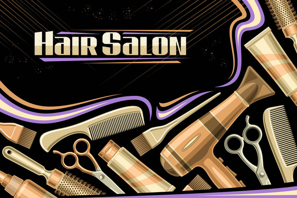 Vector layout for Hair Salon with empty copy space for text, decorative ad coupon with illustration of different hair stylist equipment, pastel colored beauty tools for hair salon on dark background - Vector, Image