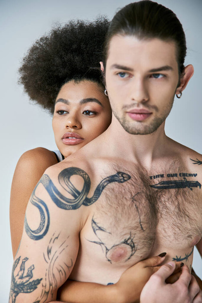 alluring african american woman hugging warmly her good looking boyfriend from behind, sexy couple - Fotoğraf, Görsel