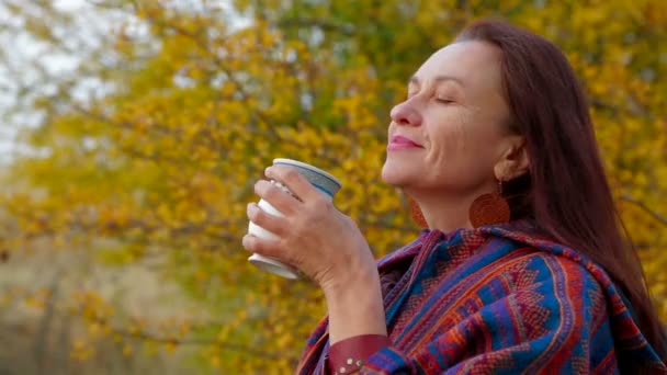 Woman Of Middle Age Drawing A Picture At Plein Air with mug of cocoa in winter - Materiał filmowy, wideo