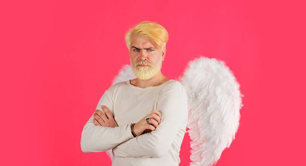 Happy Valentines Day. Male angel in white wings with crossed arms. Bearded man with blonde hair in angelic wings. Valentines Day banner with handsome cupid. Valentines day sale. Discount. February 14 - Photo, image