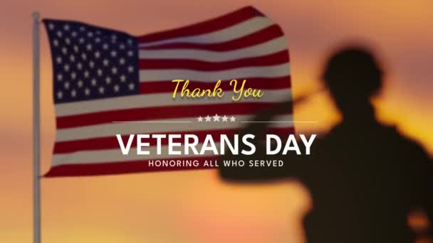 4K Veterans Day video card. Saluting waving American flag. - Footage, Video