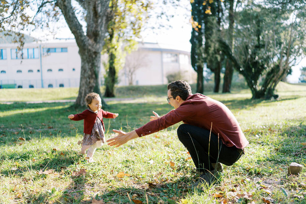 Menina corre para o pai, que abriu os braços em um abraço, agachando-se no gramado. Foto de alta qualidade - Foto, Imagem