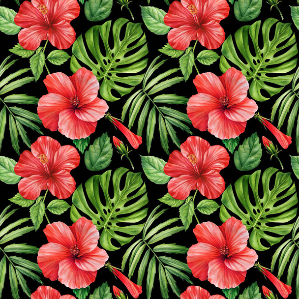 Тропічні червоні квіти і пальмове зелене листя на чорному тлі, акварельна ботанічна флора. Безшовні візерунки. Високоякісна ілюстрація - Фото, зображення