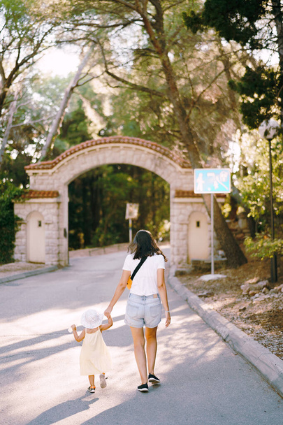 Mamá lleva a una niña por la mano a lo largo del camino a las puertas del parque. Vista trasera. Foto de alta calidad - Foto, Imagen