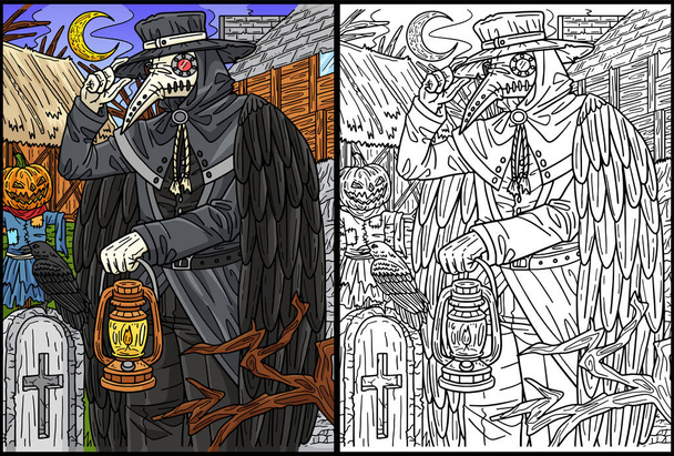 Tato stránka ukazuje halloweenský morový doktor držící lampu. Jedna strana ilustrace je barevná a slouží jako inspirace pro děti. - Vektor, obrázek