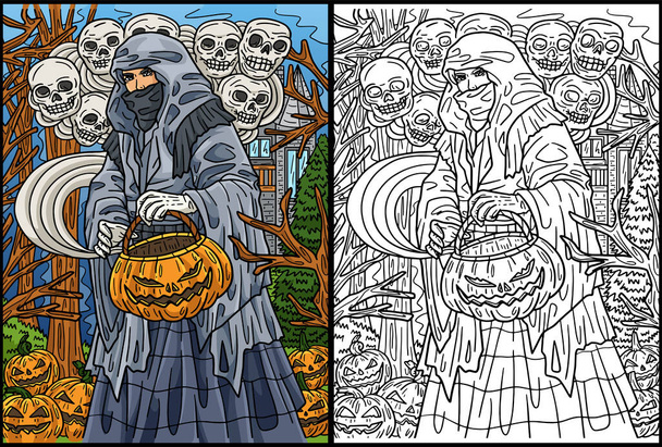 Tato stránka zbarvení ukazuje Halloween Hooded Traveler. Jedna strana ilustrace je barevná a slouží jako inspirace pro děti. - Vektor, obrázek