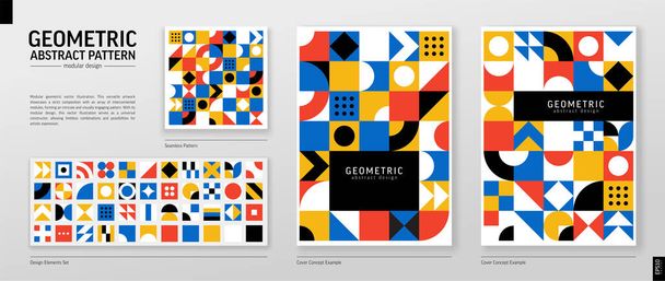 Geometric Retro Pattern. Color Abstract Shape Background. Graphic Design Elements Set. Modern Bauhaus Vector Art. Corporate Poster, Banner, Cover. Triangle, Square, Circle Forms. Module Grid Construct - Vector, Image
