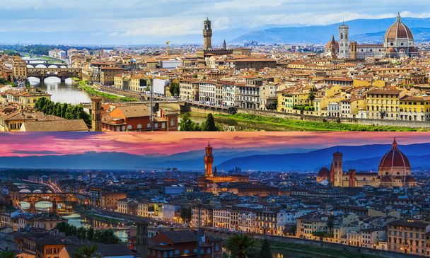 Флоренція Панорама протягом дня і на заході сонця. Панорамний вид - Фото, зображення