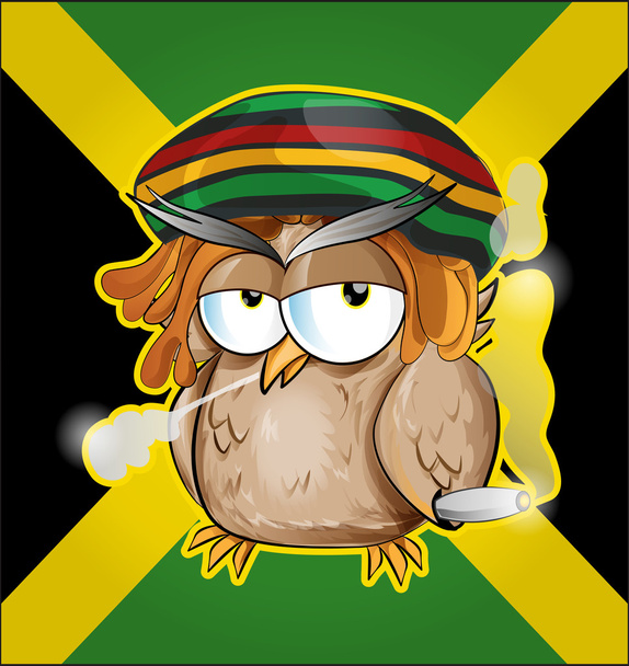 rastafarische Eule Karikatur auf jamaikanischer Flagge - Vektor, Bild