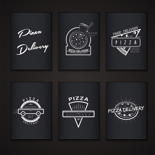 Pizza delivery. The food and service. Labels or cards paper. Set of Typographic Badges Design Elements, Designers Toolkit.  - Vettoriali, immagini