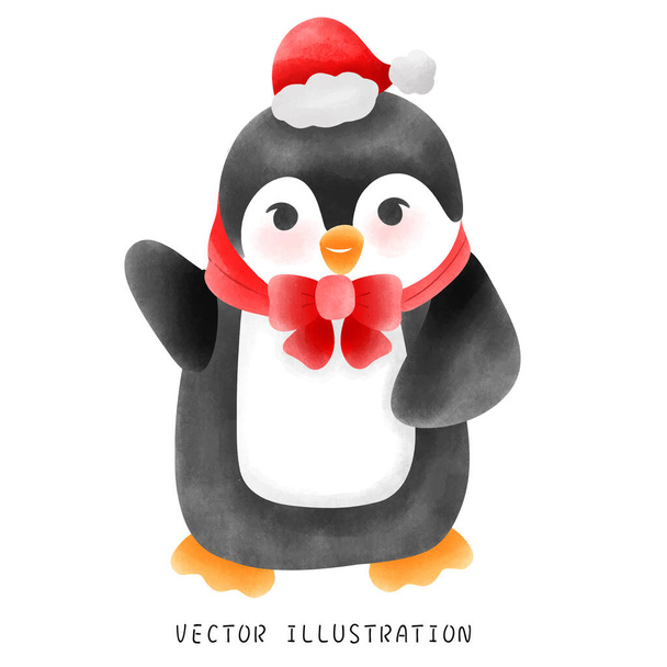 Schattige Winterpinguïn met rode sjaal en hoed grillige kerst illustratie - Vector, afbeelding
