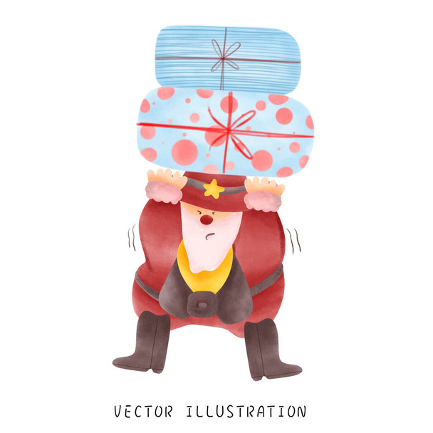 Funny Santa Claus and Cute Cowboy Celebrate with a Big Gift - Vector, Image