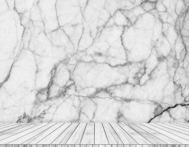 Backdrop  marble wall and wood slabs arranged in perspective texture background. - Photo, Image