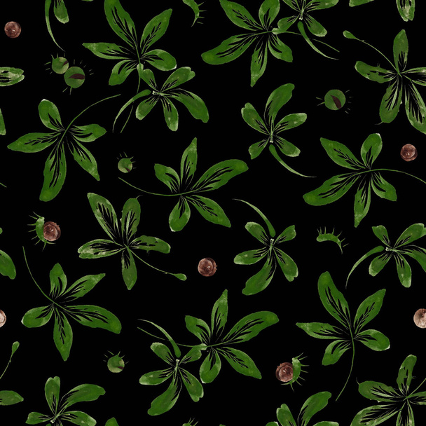 Bloemen naadloos patroon van met de hand getrokken kastanjeboom bladeren en noten in stekelige huiden op een zwarte achtergrond - Foto, afbeelding